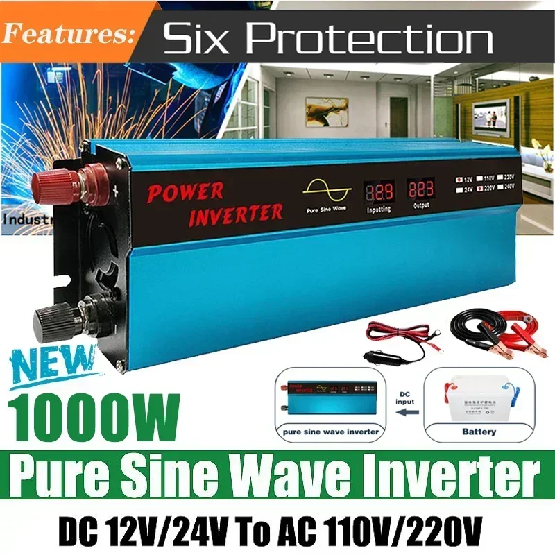 1000W DC 12V To AC 220V Pure Sine Wave Inverter With Dual Digital Display For House Car Universal Socket Transformer Converter