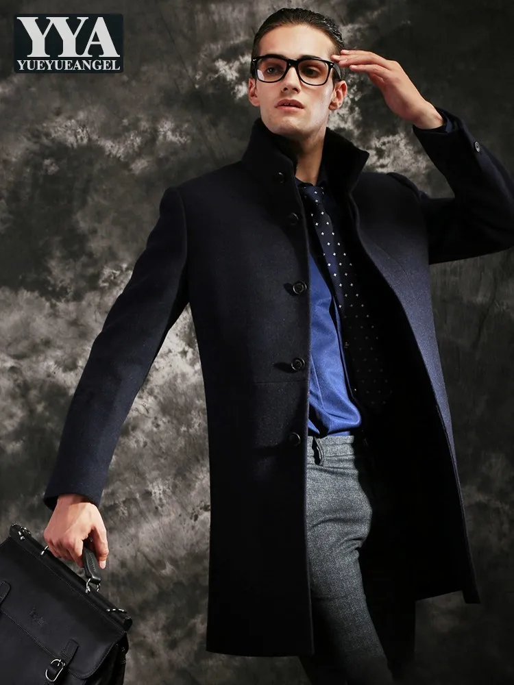

Business Men Autumn Winter Fur Stand Collar Work Woolen Blends Coat Mid Long Trench Windbreaker Fashion New Slim Fit Wool Coat