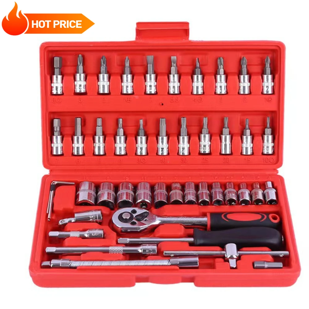 46pcs/Set Socket Wrench Diy Repair Tool Kit Ratchet Screwdriver for Car Repair Hardware Toolbox for Auto Repairing and Household