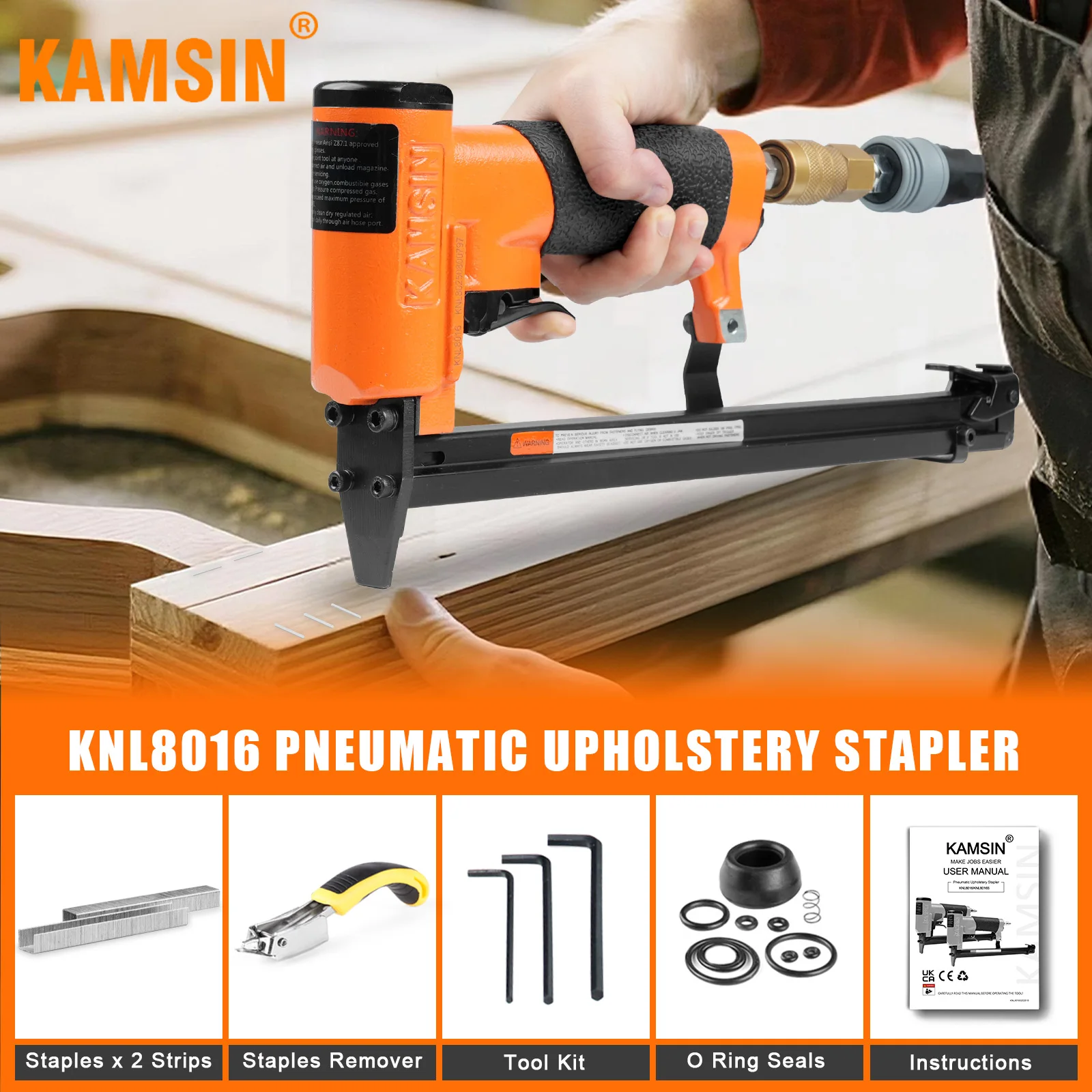 

KN8016L 21Gauge Stapler, 1/2-Inch Crown Staples, 1/4-Inch to 5/8 -Inch Leg Length pneumatic Upholstery Long magazine Staples gun