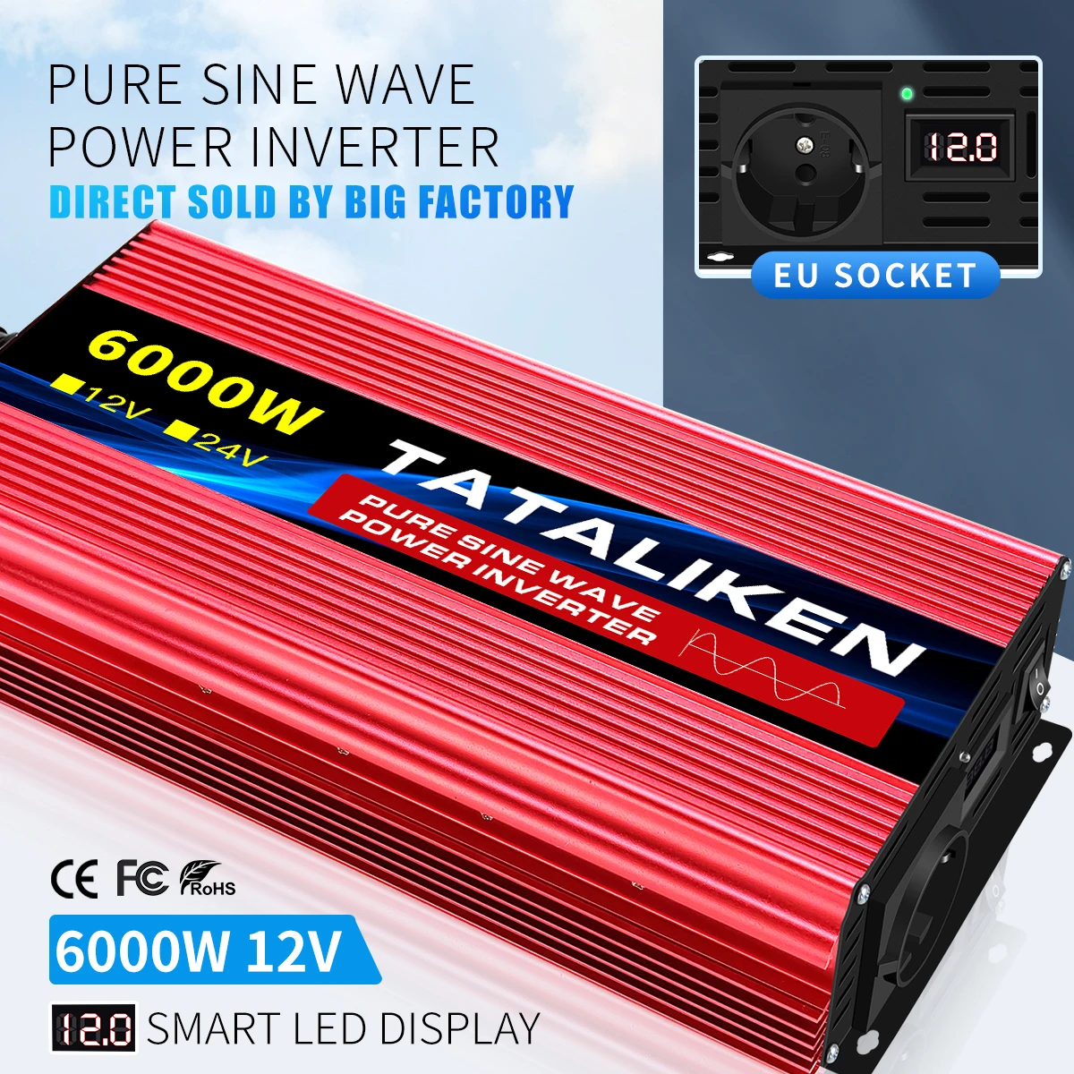 

Pure Sine Wave Inverter DC 12V/24V to AC 220V EU socket 3500W/4500W/5000W/6000W LED Voltmeter Converter Transformer