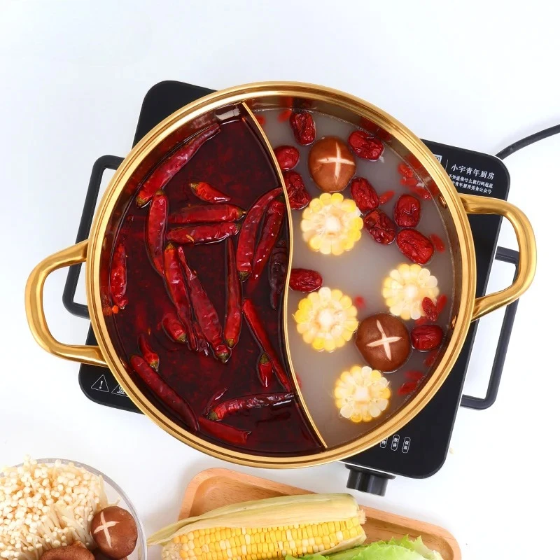 

Chinese Hot Pot Cookware Hot Pot 2 In 1 Stainless Steel Gold Color Chongqing Meat Induction HotPots with Divider Cookware