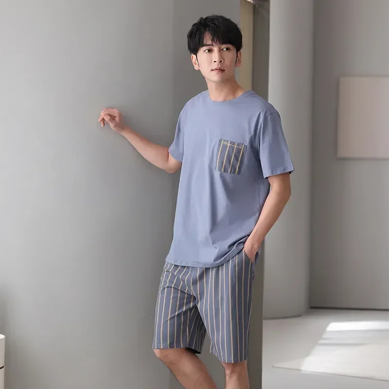 

Pyjamas Pijamas Set Sleeve 2pc Hombre Pajamas Shorts + Striped Short Summer Tracksuit Sleepshirt Casual Men Male