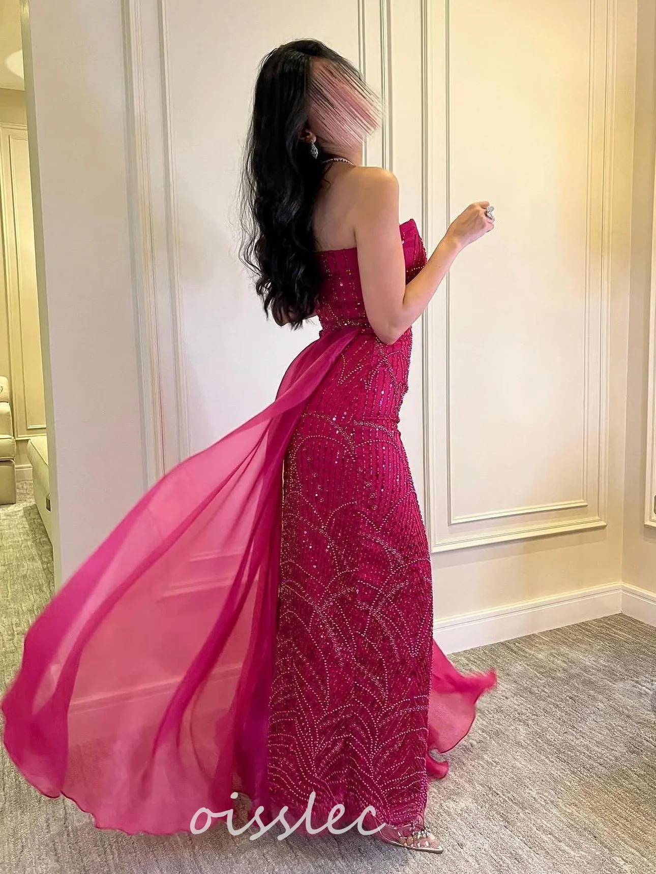 Oisslec Luxury Beaded Prom Dresses Strapless Long Elegant Party Evening Formal Dress Fuchsia Saudi Arabia Women Gown Train