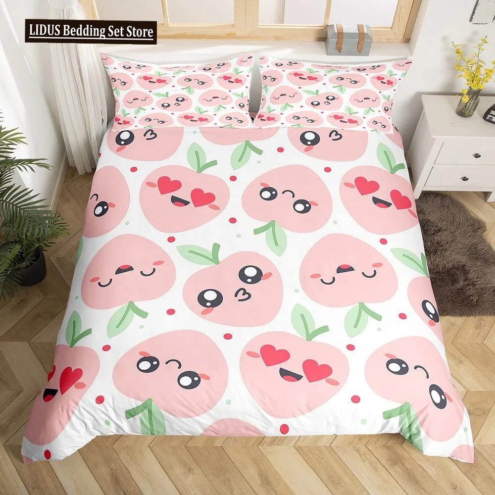 

Fruit Duvet Cover Set Fresh Peach Apple Cartoon Cute Kawaii Pattern Polyester Comforter Cover King Size For Kids Teens Adults