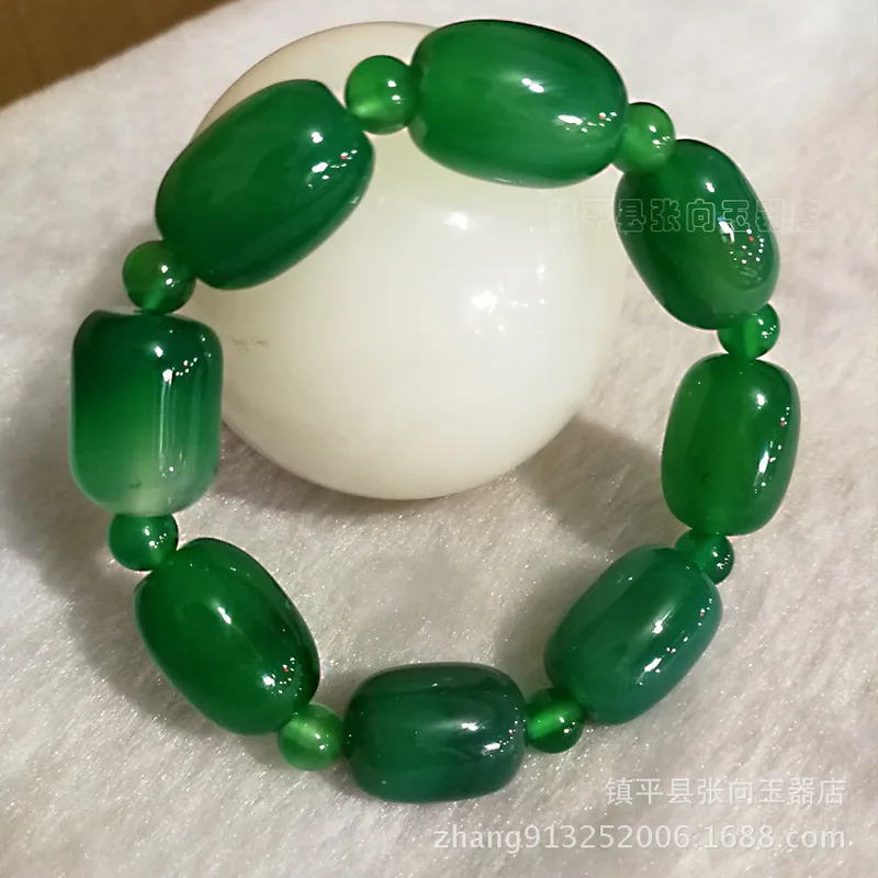 Jade and Agate , Unisex Green Barrel-Shaped Chalcedony Bracelet