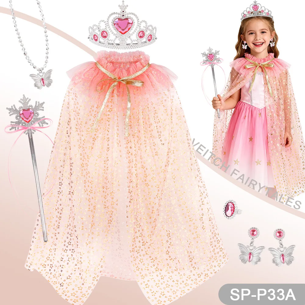 Zestaw Akcesoriów do Zabawy w Dom dla Dziewczynek: Peleryna Księżniczki, Naszyjnik/Korona/Kolczyki/Peleryna, Zestaw Rapunzel, Tiulowa Peleryna z Cekinami do Odgrywania Ról