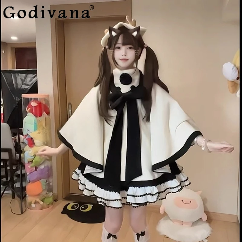 

Autumn Winter New Girls Sweet Lolita Hooded Cloak Japanese Cute Big Bow Double-Breasted Short Jacket Women's Y2K Ponchos Capes
