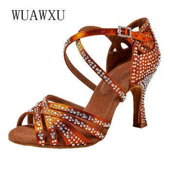 נטשה לטיני ריקוד נעלי סאטן ריקוד נעלי נשים של ריקוד למבוגרים נעלי מופע לטיני ריקוד גבוהה עקבים מהודק עם יהלומים לטיני Hig