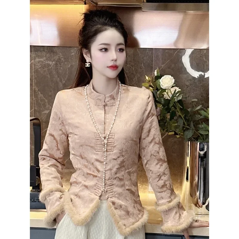 

Chinese Traditional Coat Jacquard Splicing Temperament Versatile Stand up Collar Long Sleeve Cotton Jacket Women's Winter Top