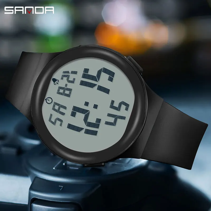 SANDA Trendy Fashion Men Electron Watch Soft TPU Strap Big Screen LED Digital Water Resistant Alarm Hand Clock Sports Stop Watch