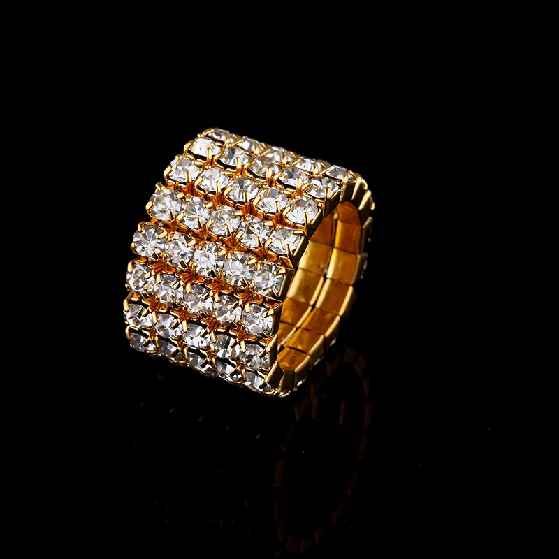 1-5 Rows Gold Color Rings Bridal Wedding Bands Crystal Rhinestone Stretch Finger Rings for Women