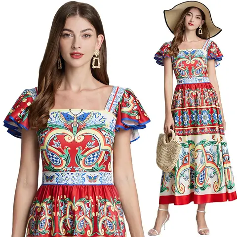 Kvinnor Fyrkantig Krage Flygande Ärm Elegant Rygglös Lång Klänning Sommar Rumway Mode Blommigt Tryck Hög Midja Strandfest Vestis 8 best sales Koreansk klänning - №4