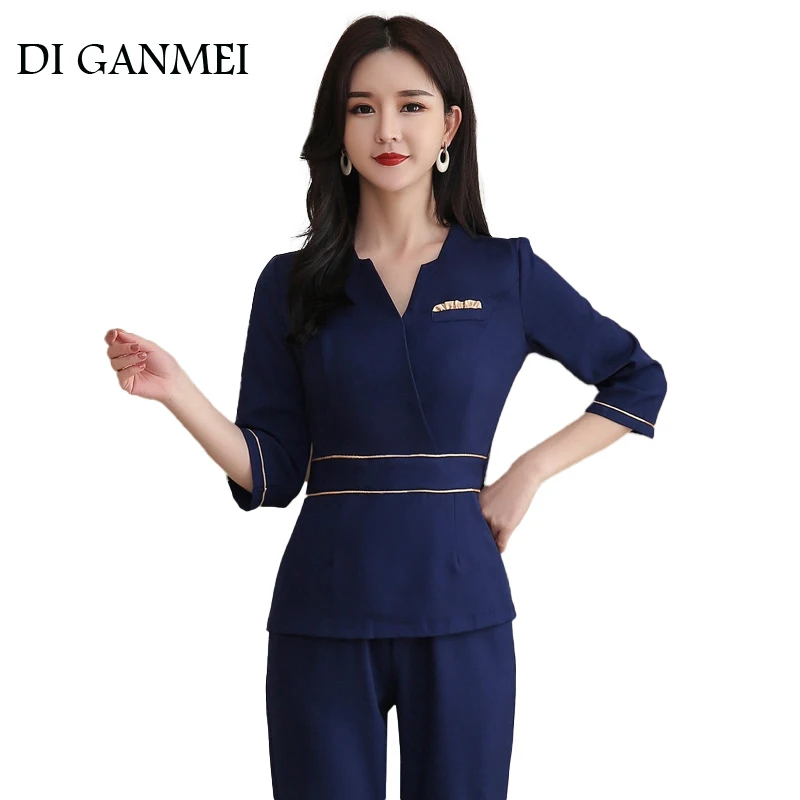 

Beauty Salon estheticienne Spa Uniform Blue V Neck Massage Overalls Foot Therapist Work Gowns for Women Beautician Uniform Suit