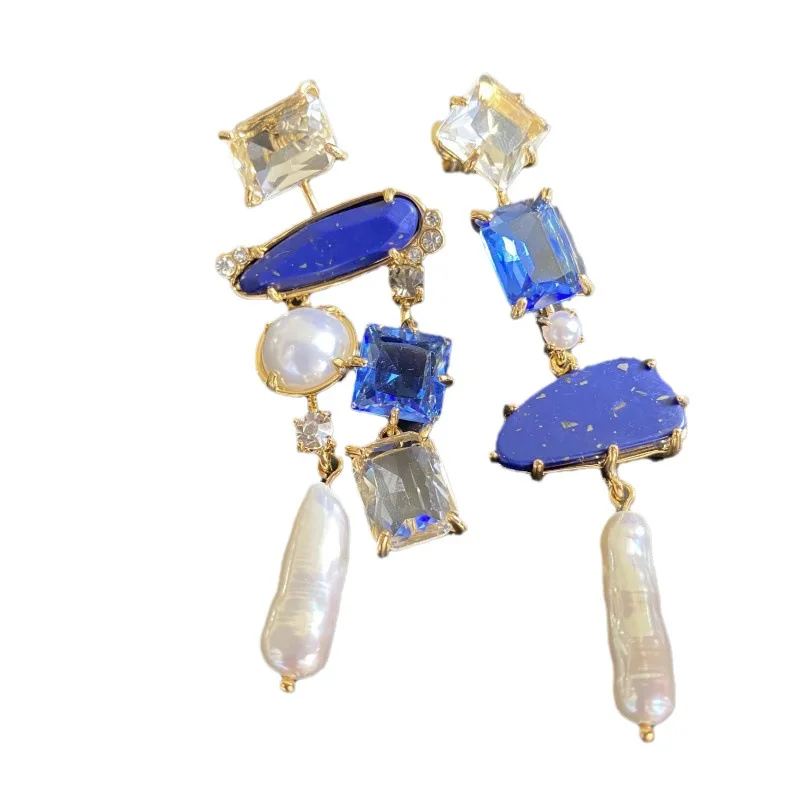 New Temperament Asymmetrical Translucent Lapis Lazuli Baroque Pearl Long Geometric Stud Earrings Textured Earrings