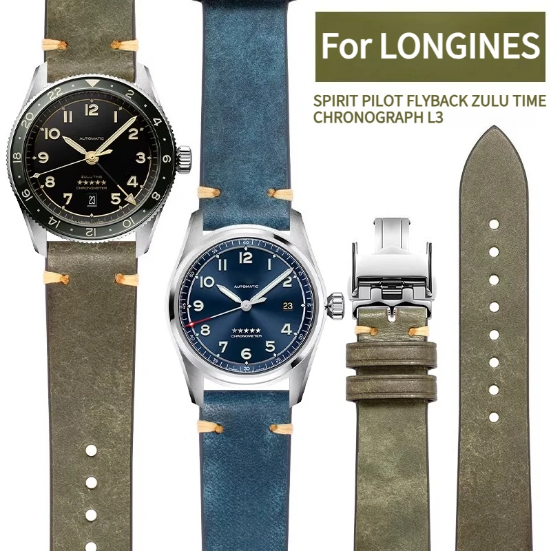 Genuine Leather Watch Strap For Original LONGINES SPIRIT PILOT FLYBACK ZULU TIME CHRONOGRAPH L3 Top layer cowhide Watchband
