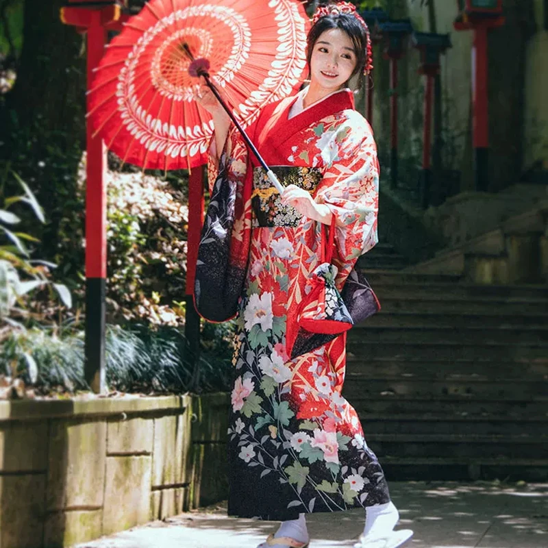 

2026 New Japanese Traditional Style Womens Geisha Kimono With Obi Flower Print Kimono Robe Kimono Yukata Photography Costume