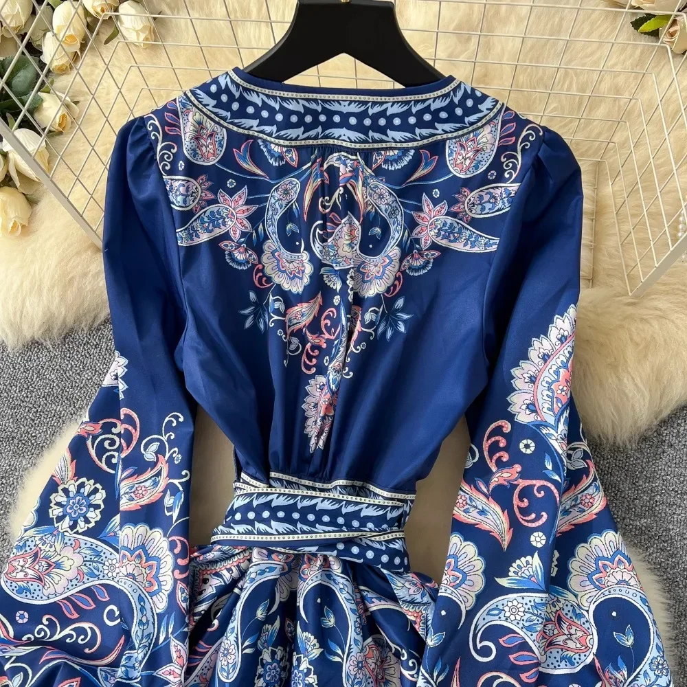 TWOTINSTYLE New Printted High Street Dresses For Women V Neck Long Sleeve Patchwork Sashes Temperament Dress Female KDR523828