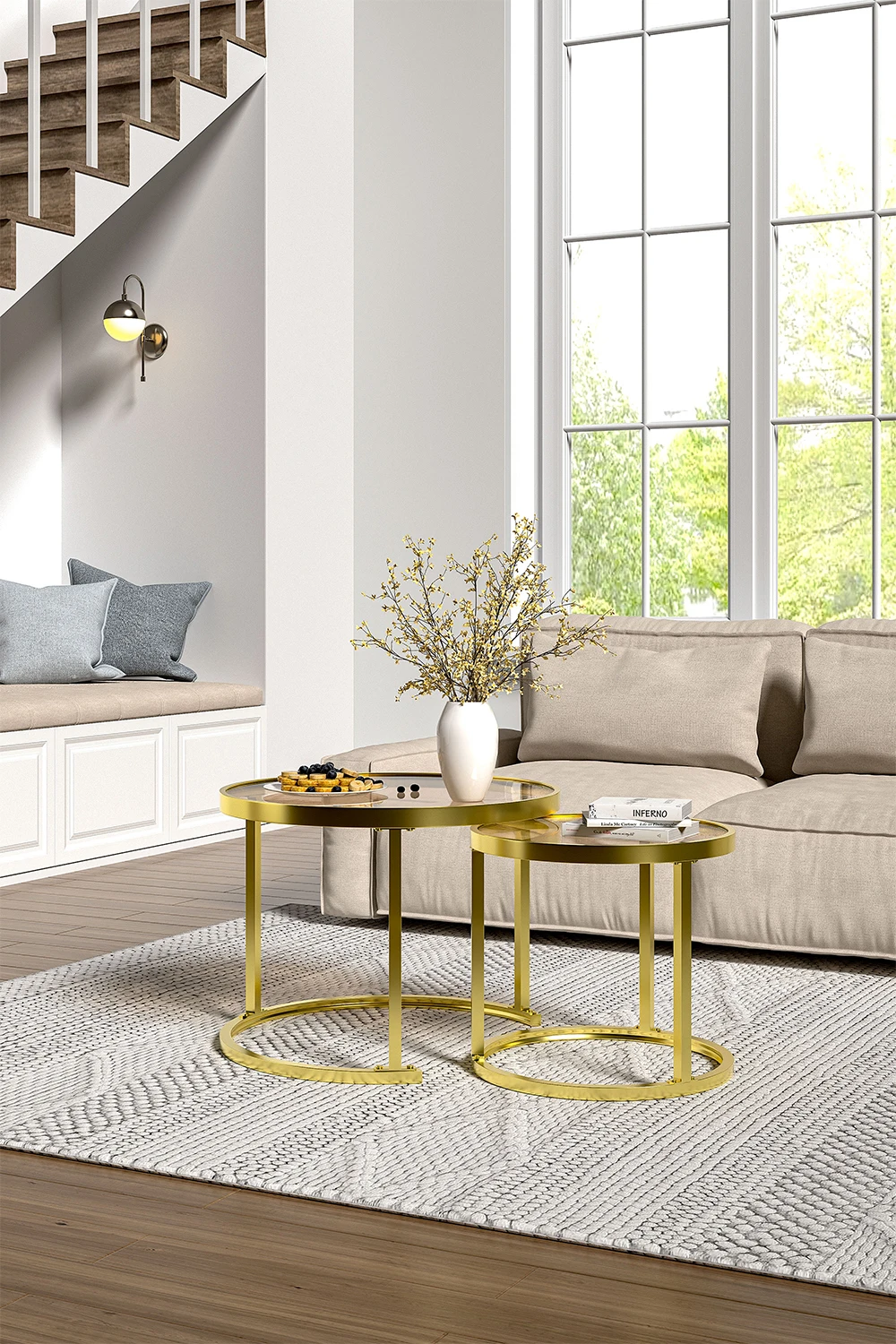 Set of 2 Gold Glass Round Nesting Coffee Table