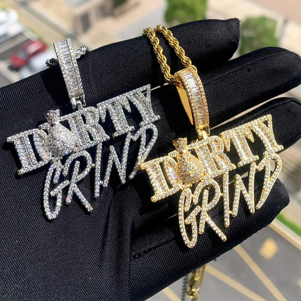 Iced Out Money Collection Micro Pave CZ Dollar GRIND Pendant Bling Letter Charm Necklace Pendant for Men Boy Hip Hop Jewelry