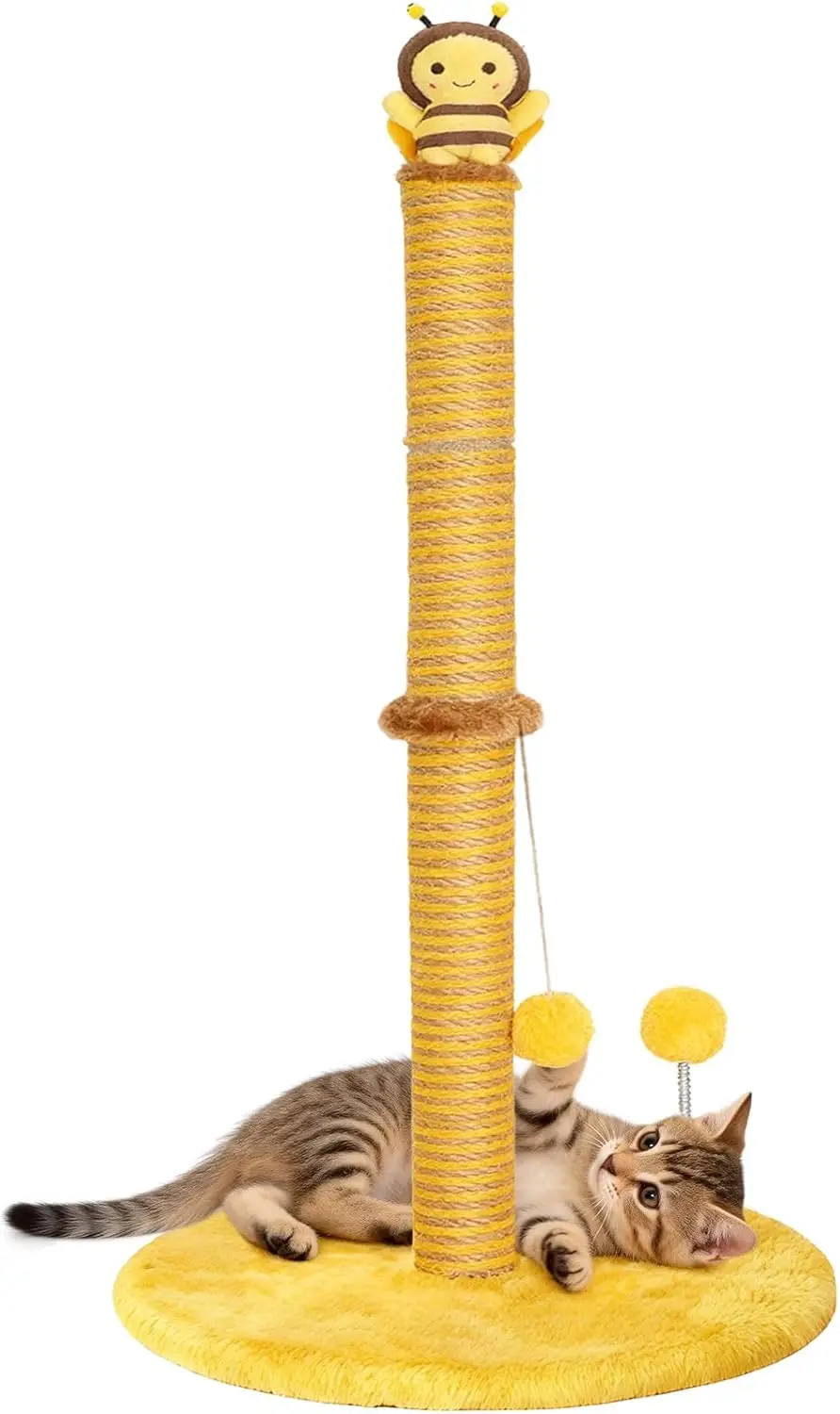 

Bee Cat Scratching Post, 36" Tall Cat Scratcher for Indoor Cats - Modern Sisal Scratch Post with Dangling Ball & Plush T