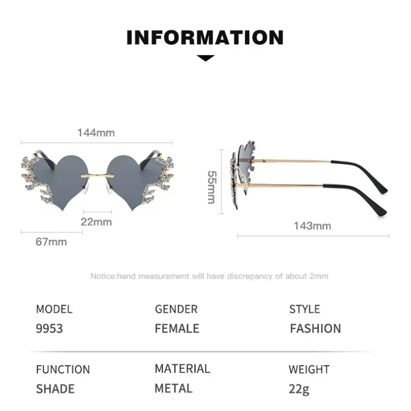 Rimless Sunglasses Women Luxury Brand Rhinestone Sun Glasses Ladies Cute Heart Shape Punk Party Eyewear очки від сонця женские