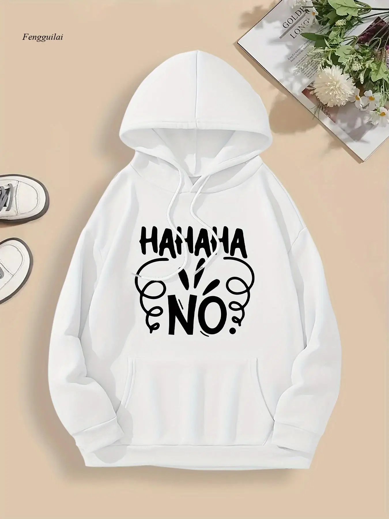 

Толстовка с принтом и буквами "Haha No", повседневная толстовка с капюшоном, пуловер с длинными рукавами, тисненый капюшон