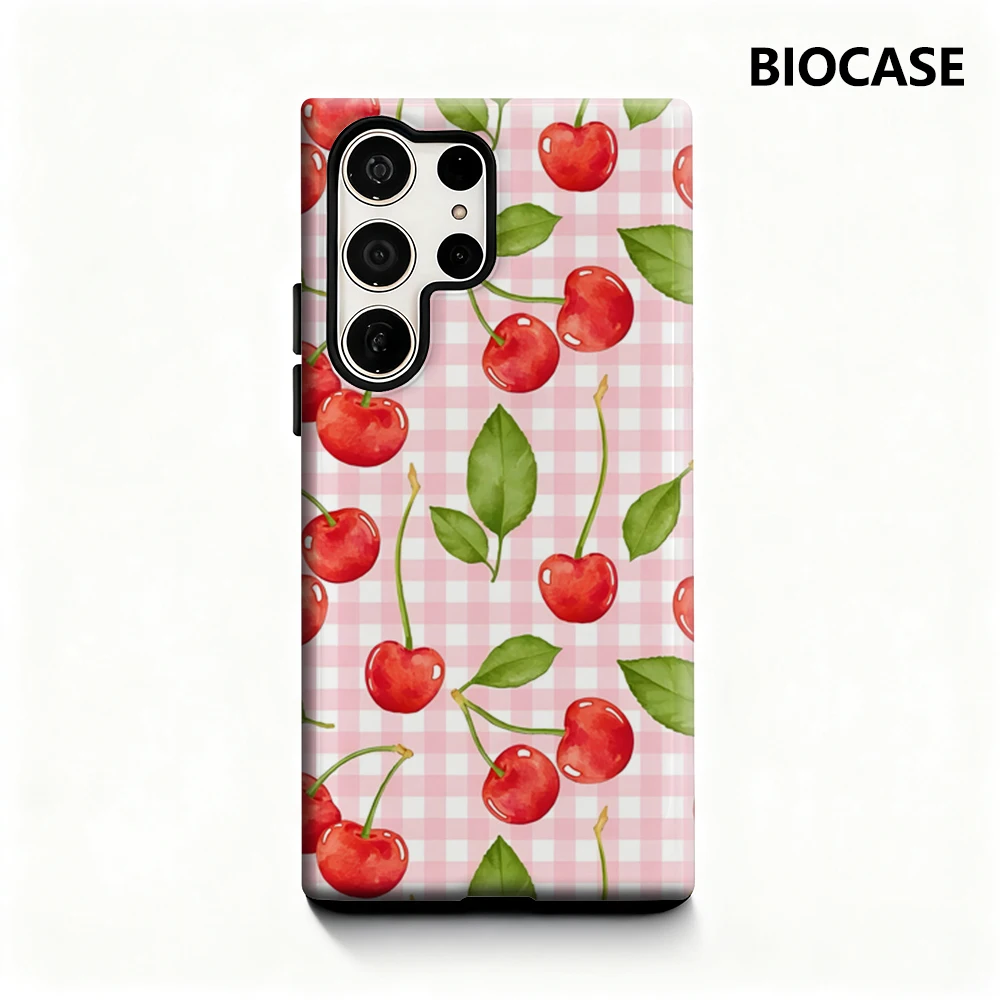 Cherry Gingham Handyhülle für Samsung Galaxy S25 Ultra S24 S23 Ultra Plus, glänzende doppellagige Rückseite