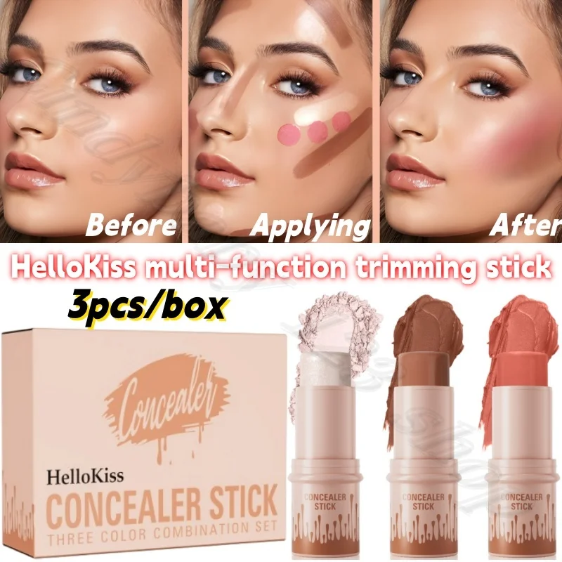 HelloKiss-palo de fijación facial multifunción, ilumina el contorno facial tridimensional, colorete, resaltador, 3 unids/caja