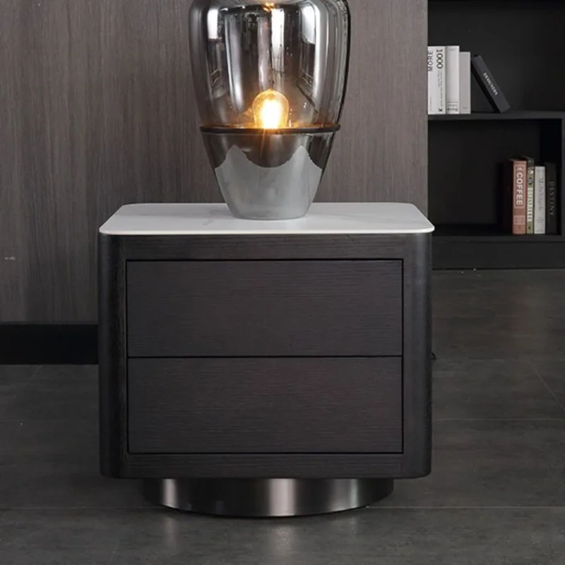 Italian Light Luxury Rock Panel Bedside Table Smoked Wood Color Designer Nightstand Bedroom Storage Bedside Cabinet