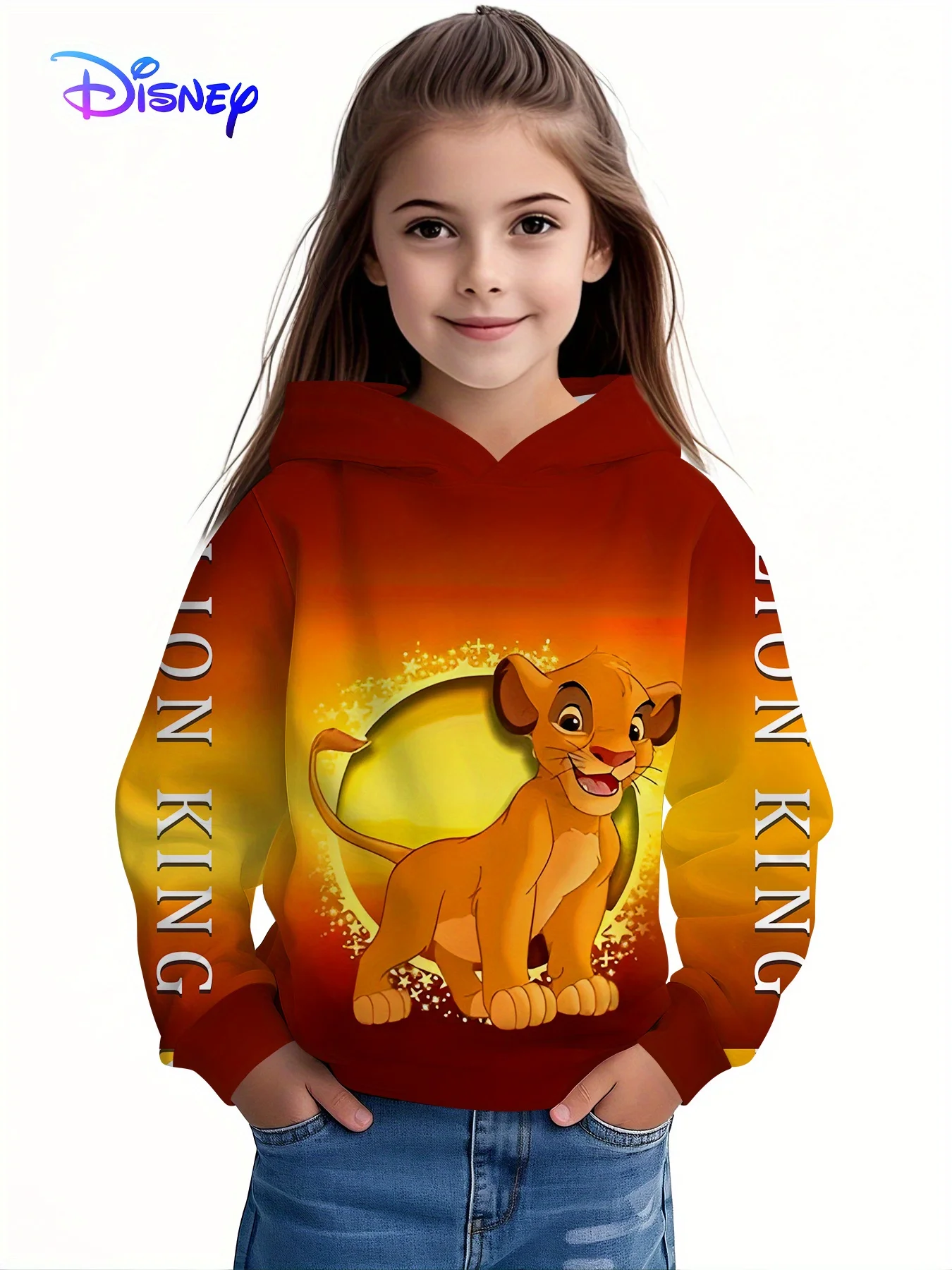 

Disney Lion King Girls Hoodie Sweatshirt - Simba Graphic Back Red-to-Orange Gradient Soft Fleece-Lined Pullover Back-to-School