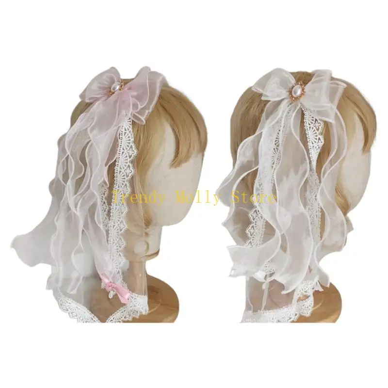 

N5KB Girls Lace Veil Headwear Hair Clips Pearl Decor Barrettes Ribbon Bows Hair Clips Hair Accessories