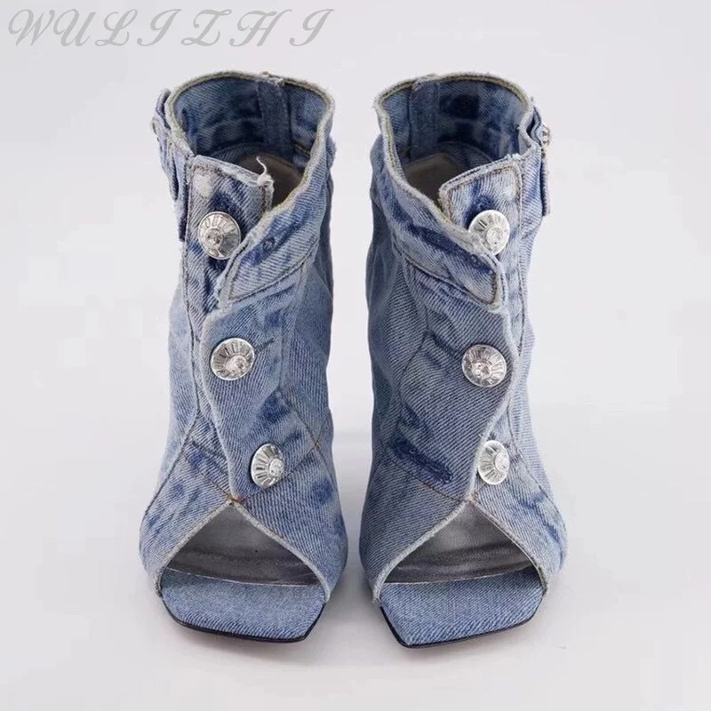 Denim Blue Open Toe Short Boots Large Size Women Ankle Boots Summer Rivet Button Belt Buckle Stiletto High Heel Lady Pumps