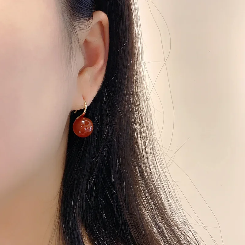 Minar Temperament Red Agate Natural Stone Hook Earring for Women Gold Color Alloy Round Ball Dangle Earrings Every Day Jewelry