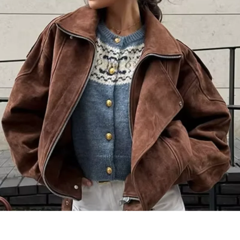 

Винтажное однотонное повседневное пальто из искусственной замши для женщин, свободная короткая куртка на молнии с лацканами и длинными рукавами, весенние пригородные куртки