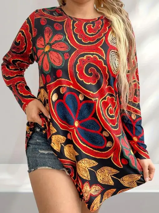 

2025 Spring Summer Elegant Loose Asymmetric Geometric Printed T-Shirt Plus Size Women's Long Sleeved Round Neck Printed T-Shirt