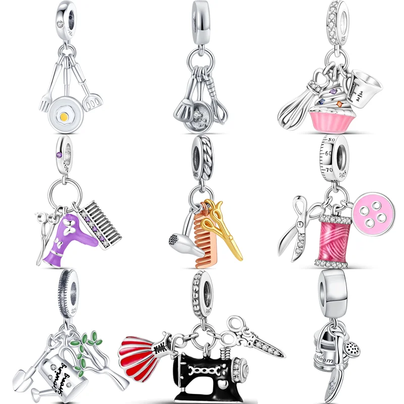 Prata Air Blower Scissors Comb, máquina de costura batedor, Rega Pot, Pá Ferramenta Pingente, Beads Fit Pandora Charms Pulseira, 925 Prata, Novo