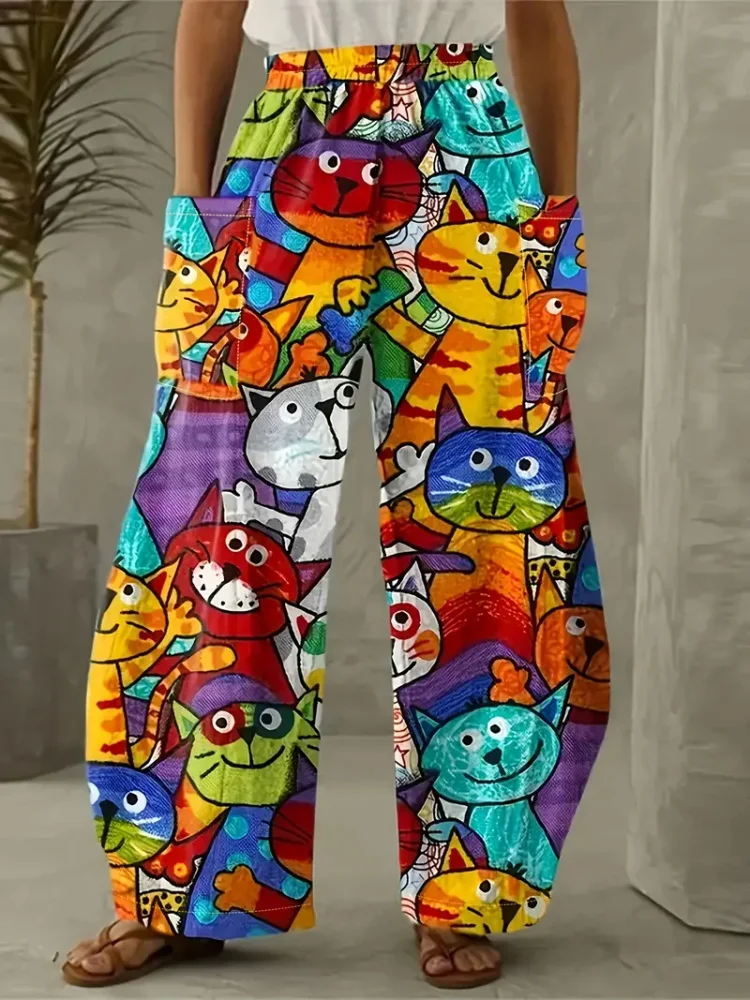 Pantalones de bolsillo de doble cara con estampado de dibujos animados de gato de Color 3D para mujer, pantalones de calle urbanos a la moda para mujer