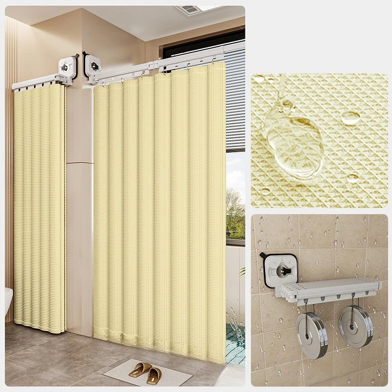 Waffle Folding Invisible Shower Curtain Set No Punching Suction Cup Rod Waterproof Mildew Proof For Bathroom Dry Wet Separation
