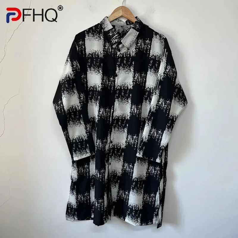 

PFHQ Men's Ink Draped Chiffon Art Print Shirts Long Niche Design Turn-down Collar Contrast Color Summer Male Tops Chic 21Z4701