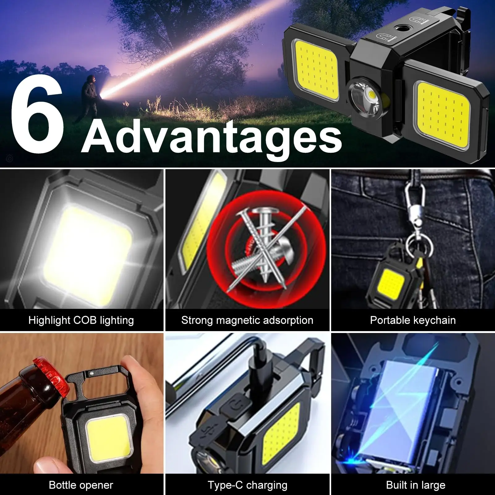 Mini LED COB Keychain Work Light Foldable Powerful USB Rechargeable Flashlight Torch Lantern for Outdoor Camping Fishing Hiking