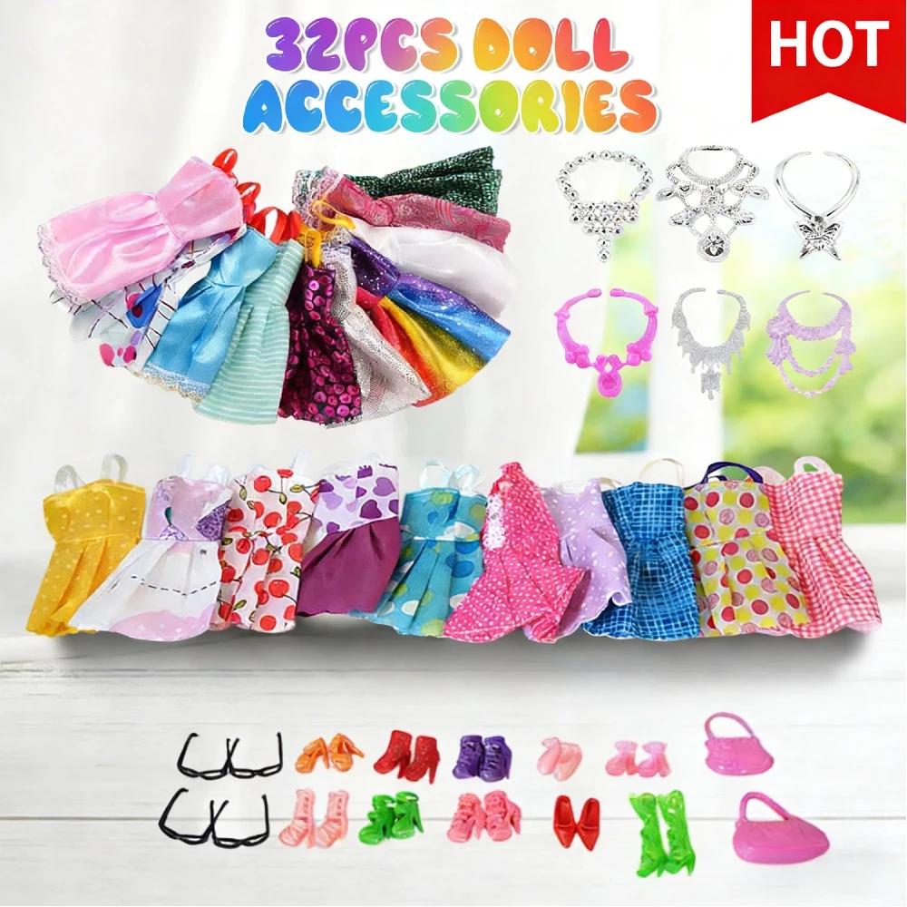 32 pezzi accessori per bambole abito corto collana con tacchi alti festa di moda design creativo bambini giocattoli per bambini regali di Natale