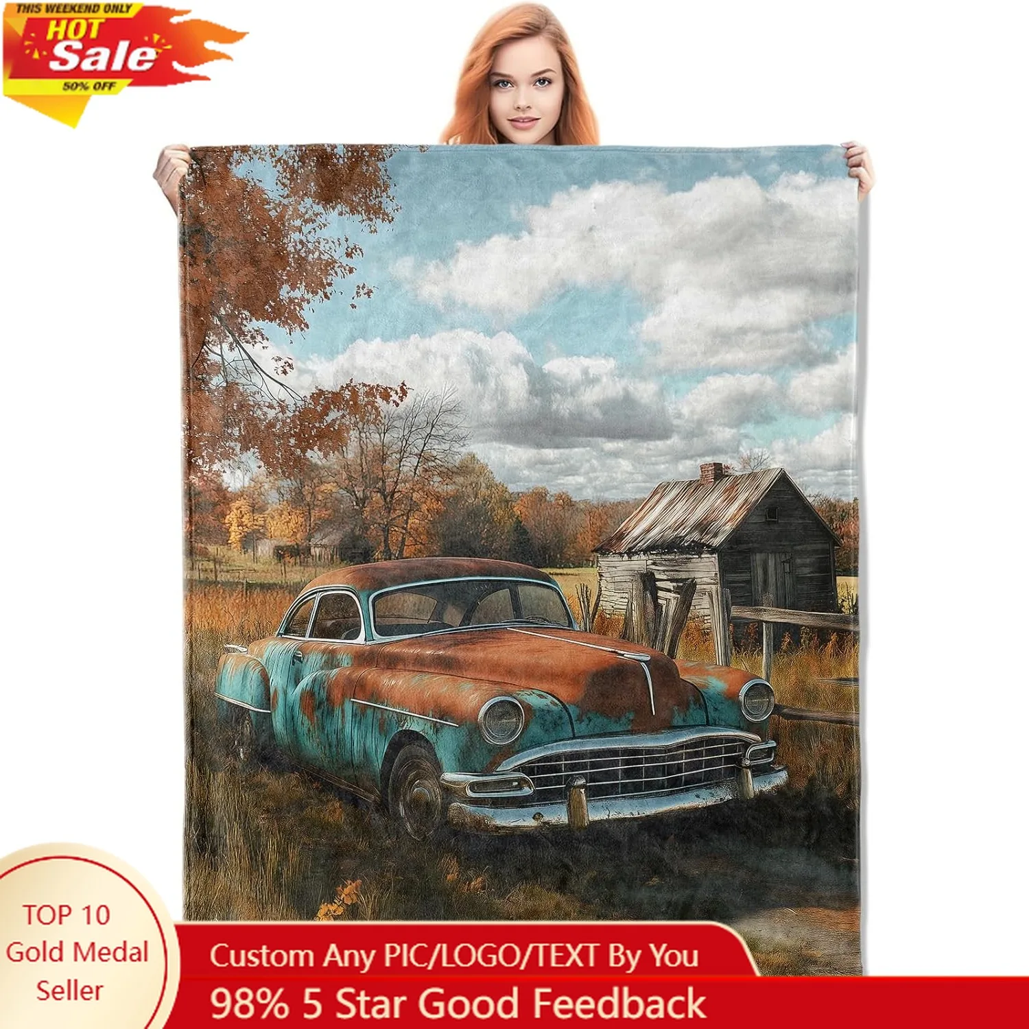 

Vintage Car Blanket Gifts for Women Autumn Rustic Old Car Flannel Blanket Soft Warm Lightweight Throw Blankets Custom blankets