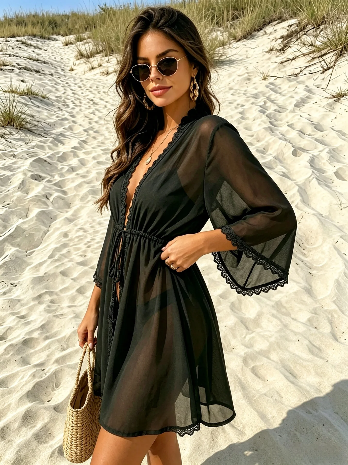 Black Sheer Chiffon Beach Cover Up Lace Trim Tassel Tie Waist Flare Sleeve Bikini Kimono Coverup view 3