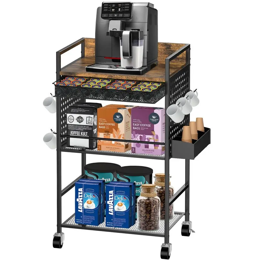 

Coffee Bar Cabinet with Power Outlet, Lockable Wheels, and Storage Drawer Rustic Brown amp Black for Office, Living Room, or Sm