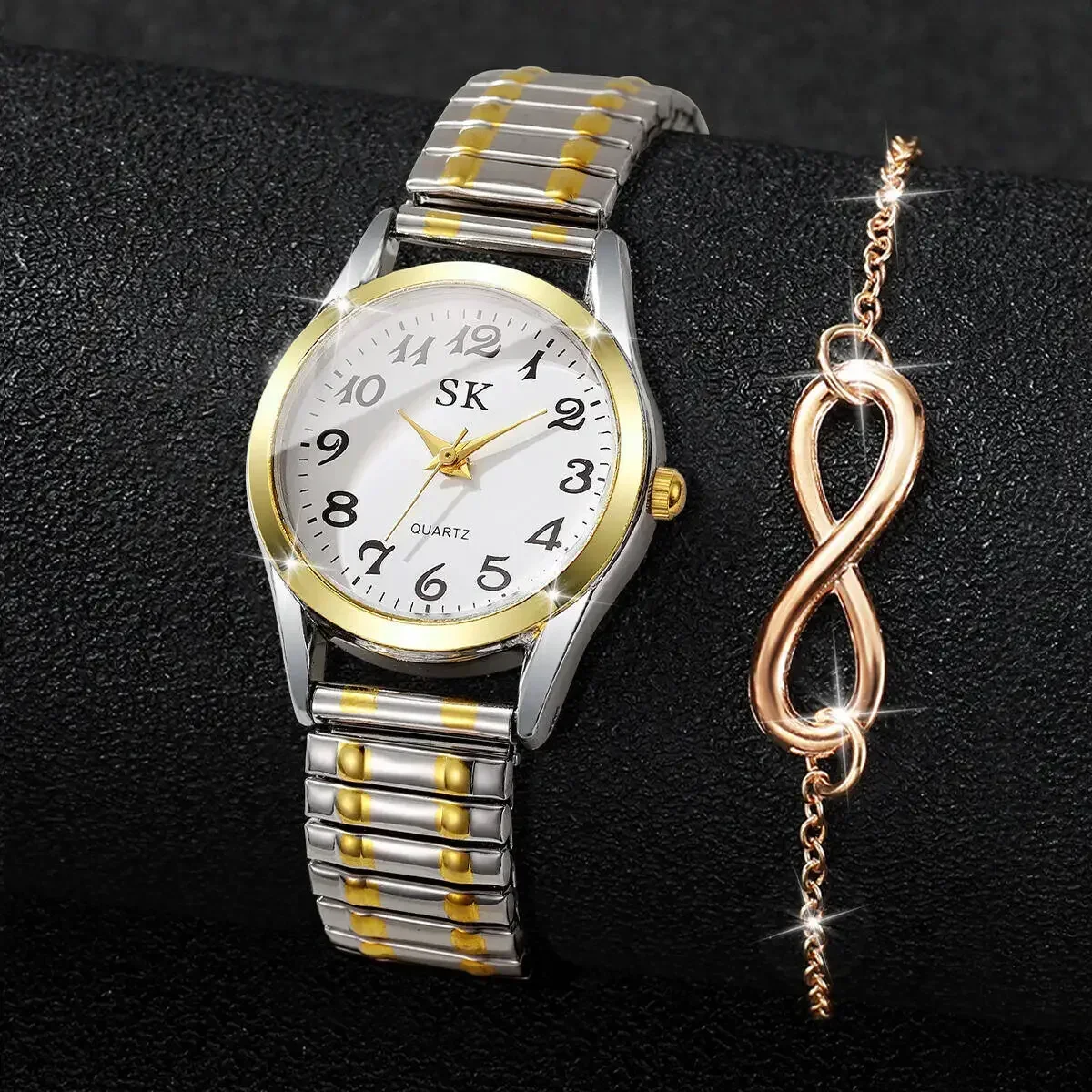 2026 2PCS/Set Fashion Elastic Strap Women Watches Ladies Arabic Dial Quartz Wristwatches Bracelet Set Reloj Mujer（Without Box）