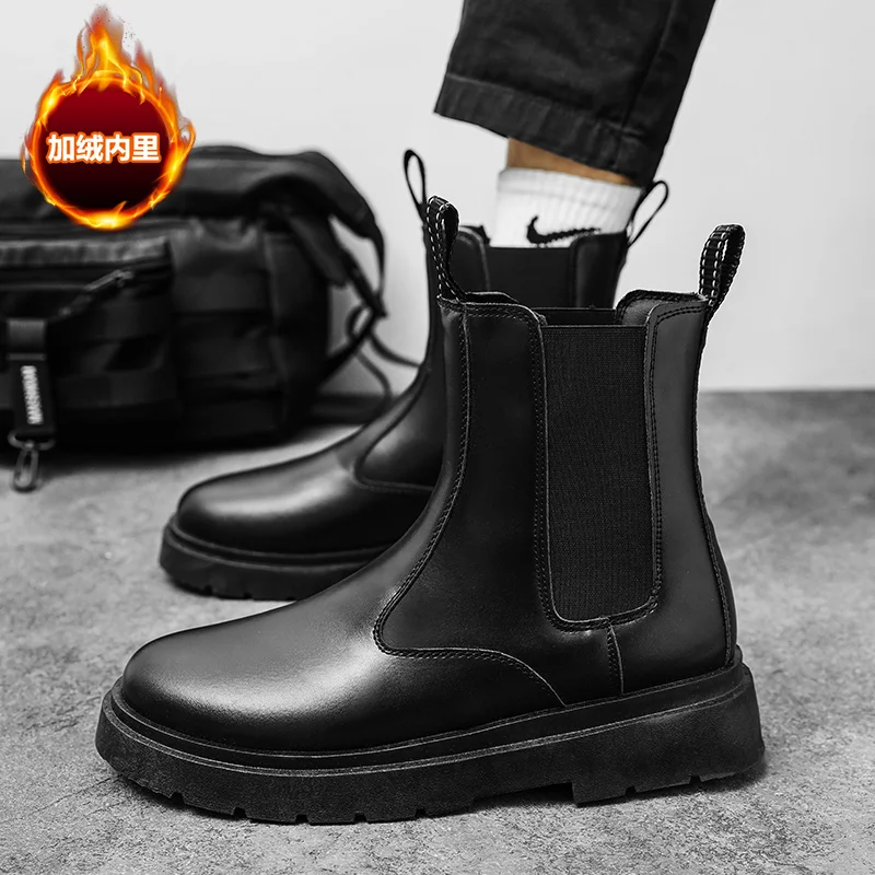 Botas Chelsea de piel para hombre, zapatos cálidos de felpa, botines cortos sin cordones, zapatillas informales cómodas para exteriores, Invierno