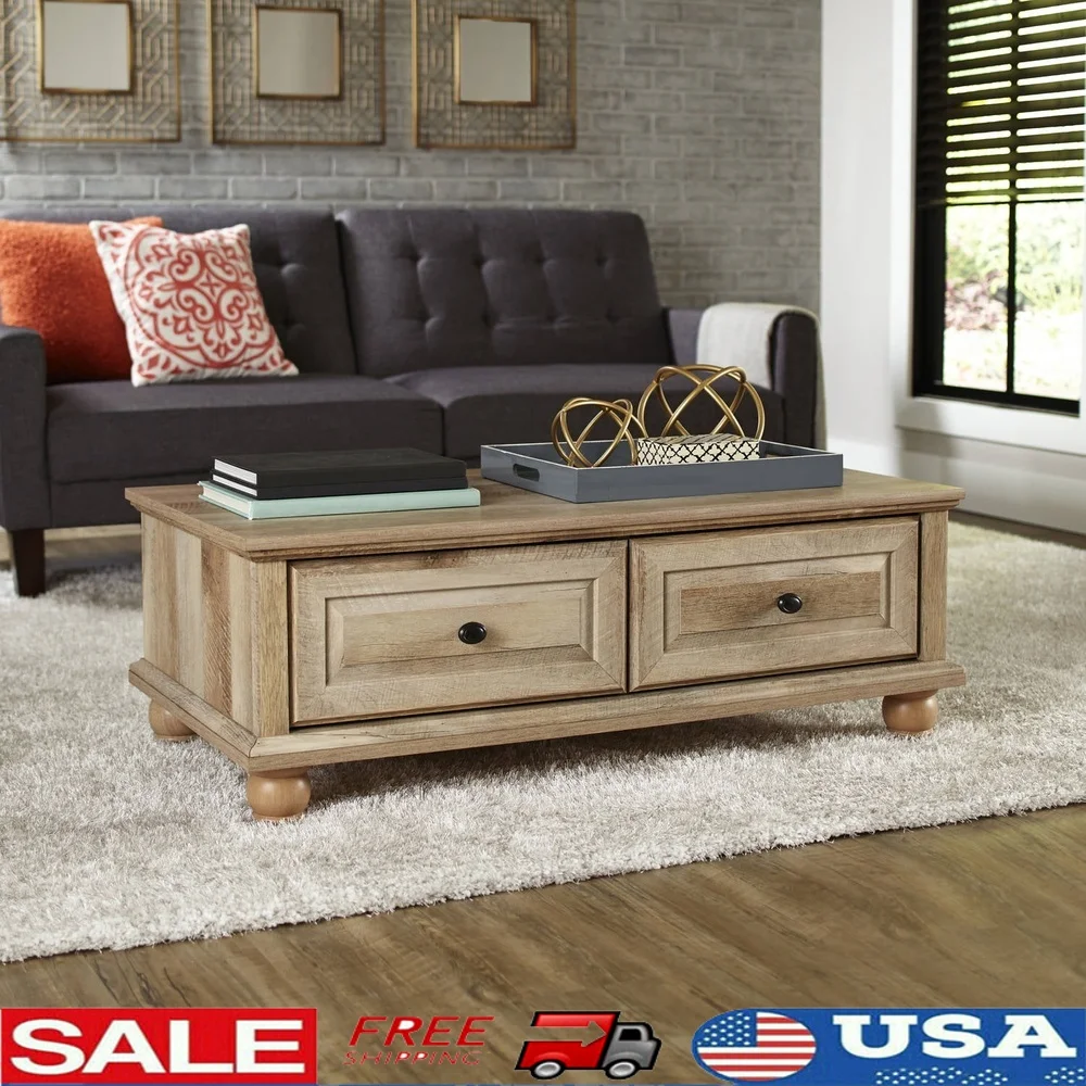 

Spacious Coffee Table with Weathered Finish Two Drawers Solid Wood Feet Quick Assembly Indoor Storage Rectangle Design
