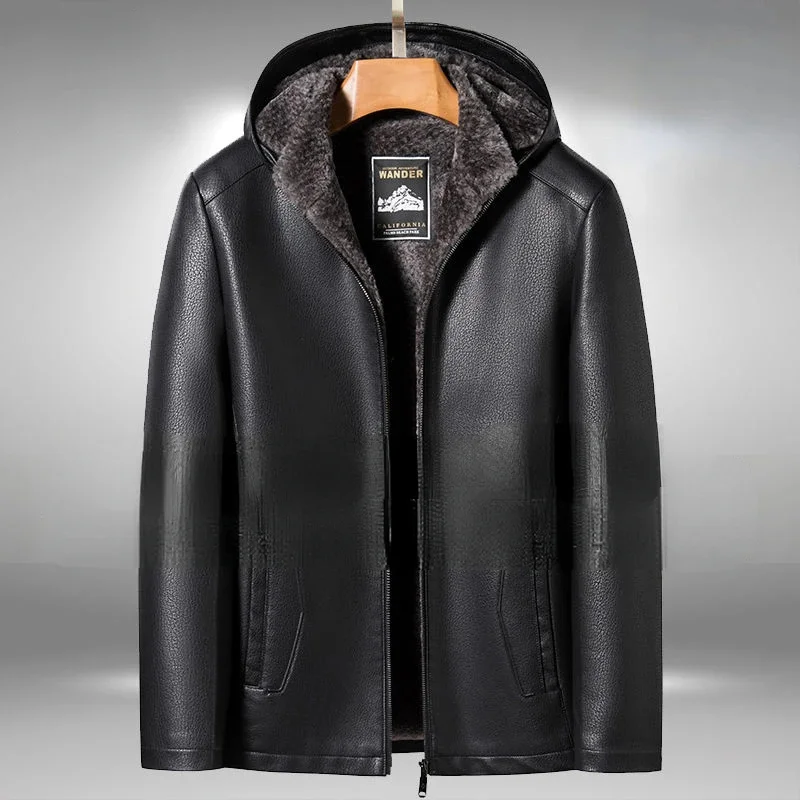 New parks fur one-piece overcoat hooded leather derma jacket men cowhid detachable hat cowhide outwear thickened winter coat