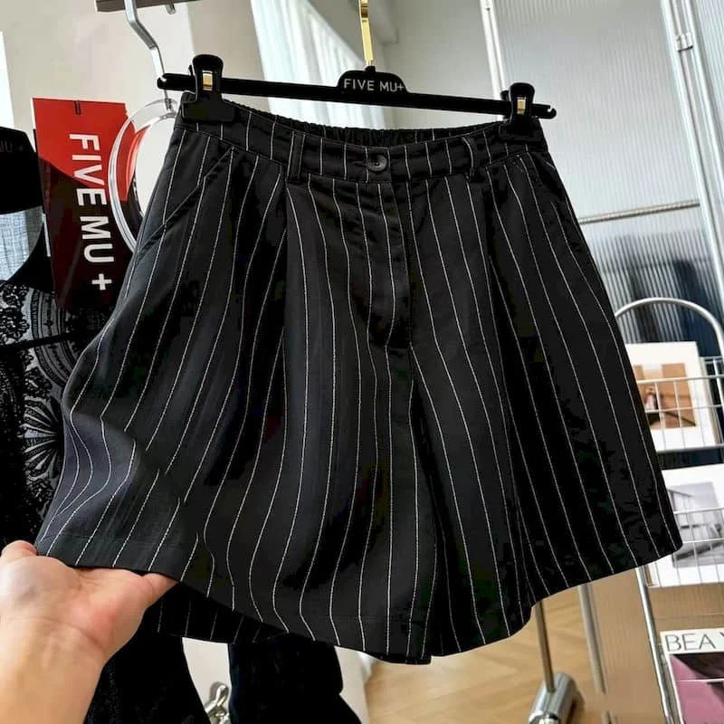 Women Shorts Elegant Striped 2026 Summer A-line Drawstring Elastic Waist Wide Leg Pants Casual Cargo Shorts Loose Women Clothing